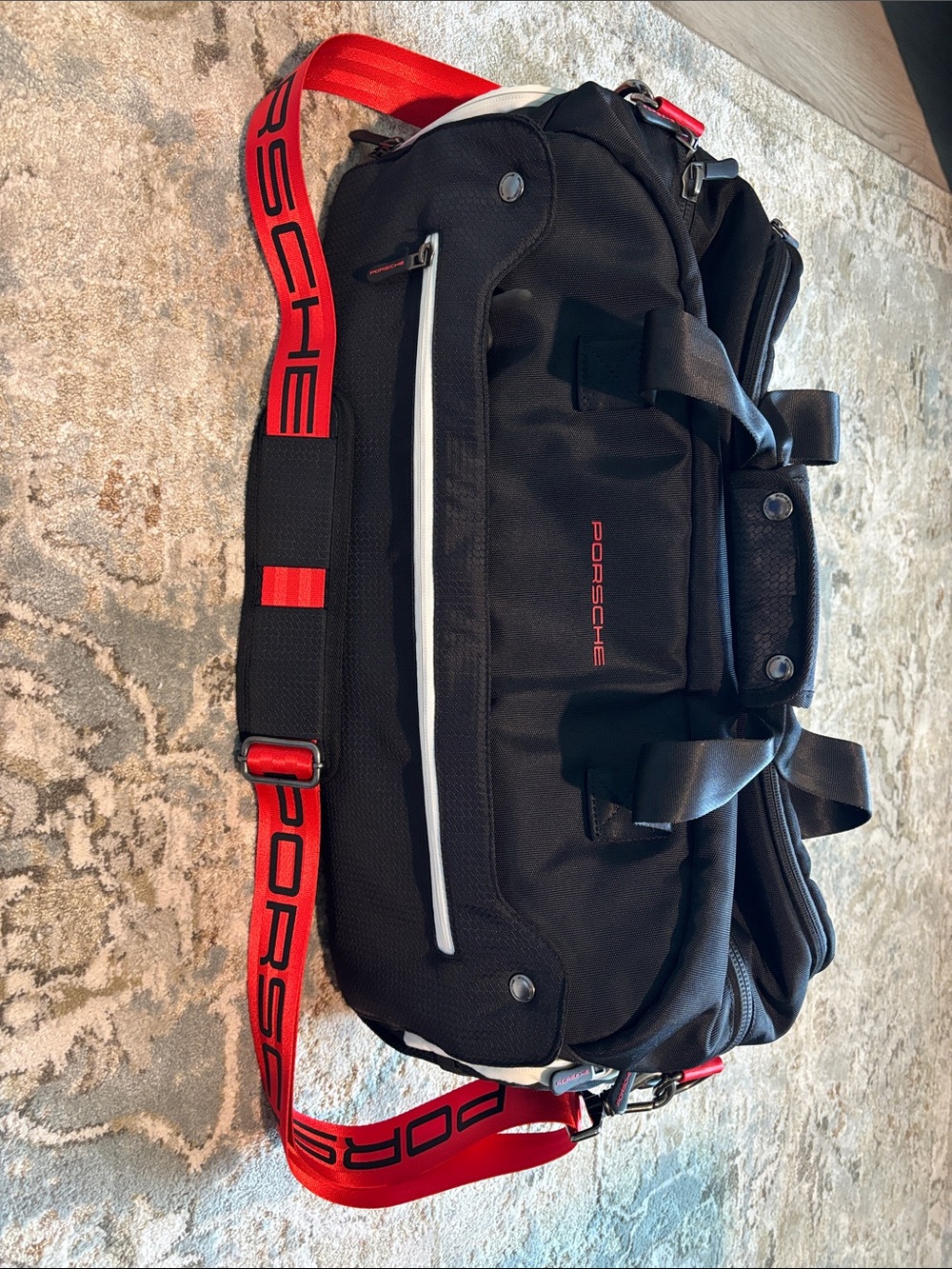 Porsche Black Duffel Bag with Red Strap